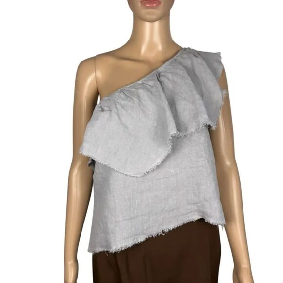 Gray Zara Linen Asymmetrical One Shoulder Ruffle Raw Hem Boho Blouse Top (NWT) - Picture 8 of 8
